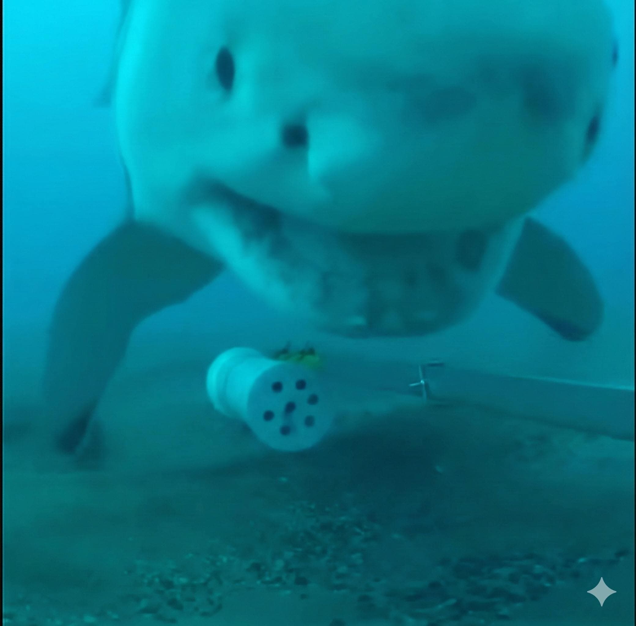 Silly Shark close-up underwater with camera equipment